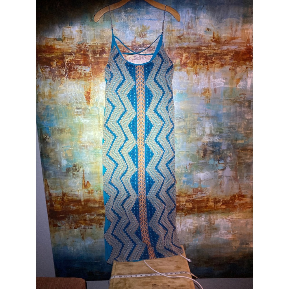Bisou Bisou Michele Bohbot Blue Geometric Chevron Maxi Dress Size 16 Boho Resort
